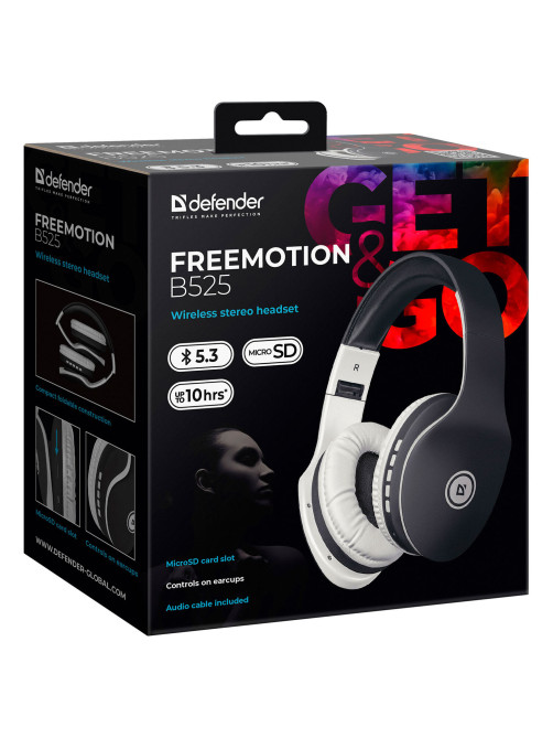 Наушники с микрофоном (гарнитура) DEFENDER FREEMOTION B525, Bluetooth, беспроводные, черные с белым, 63525