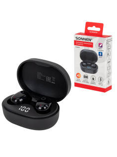Наушники беспроводные TWS внутриканальные с микрофоном, SONNEN EP-BH25B, Bluetooth 5.3, черные, 514125