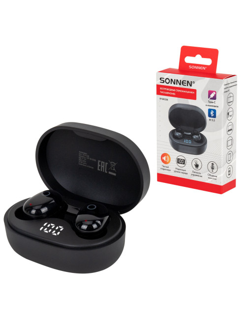 Наушники беспроводные TWS внутриканальные с микрофоном, SONNEN EP-BH25B, Bluetooth 5.3, черные, 514125