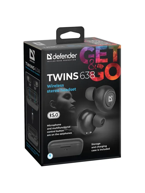 Наушники с микрофоном (гарнитура) DEFENDER TWINS 638, Bluetooth, беспроводные, черные, 63638