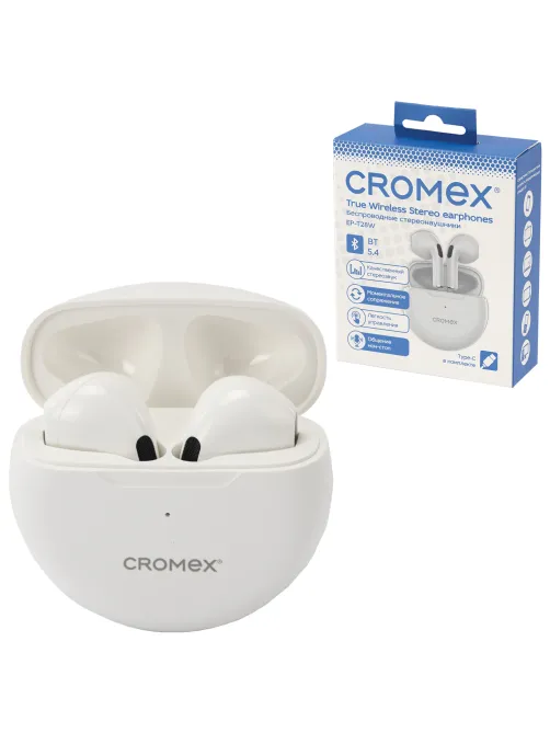Наушники беспроводные TWS вкладыши с микрофоном CROMEX (КРОМЕКС) EP-T28W, Bluetooth 5.4, белые, 514121