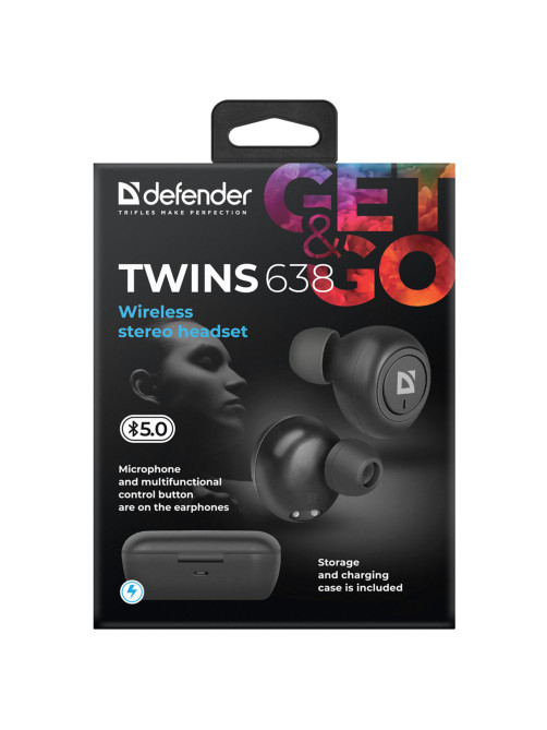 Наушники с микрофоном (гарнитура) DEFENDER TWINS 638, Bluetooth, беспроводные, черные, 63638