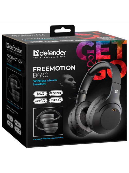 Наушники с микрофоном (гарнитура) DEFENDER FreeMotion B690, Bluetooth, беспроводные, черные, 63690