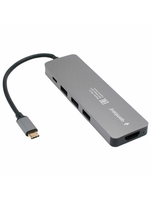 Док-станция GEMBIRD Type-C 5 в 1: 3хUSB3.1, PD100W, HDMI, кабель 17 см, алюминий, UHB-D1