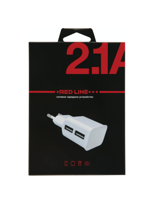 Зарядное устройство сетевое (220 В) RED LINE NT-2A, 2 порта USB, выходной ток 2,1 А, белое, УТ000009405