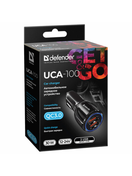 Зарядное устройство АВТОМОБИЛЬНОЕ, 2 порта USB, выходной ток 3А, черное, DEFENDER UCA-100, 83833