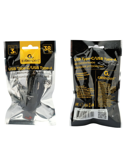 Зарядное устройство автомобильное CABLEXPERT 38 Вт, 3 А, QC3.0/PD, 1 х USB, 1 х Type-C, MP3A-UC-CAR24