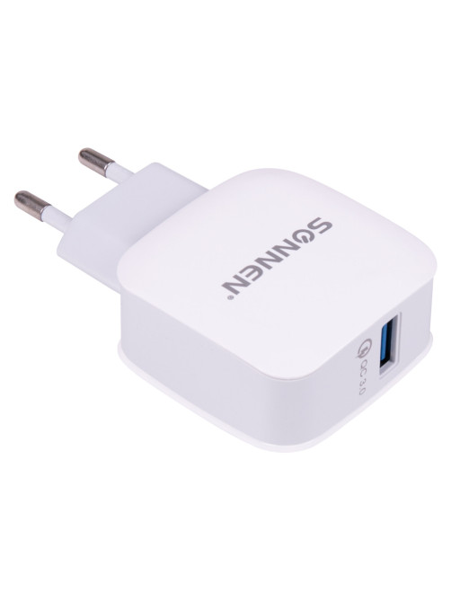 Зарядное устройство быстрое сетевое (220 В) SONNEN, USB QC 3.0 18 Вт, 3 А, белое, 455506