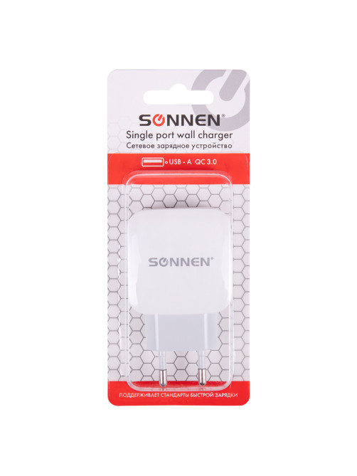 Зарядное устройство быстрое сетевое (220 В) SONNEN, USB QC 3.0 18 Вт, 3 А, белое, 455506