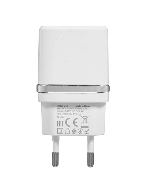 Зарядное устройство сетевое HOCO 12 Вт, 2.4 А, 2 х USB, кабель Type-C, 1 м, белый, УТ000023100