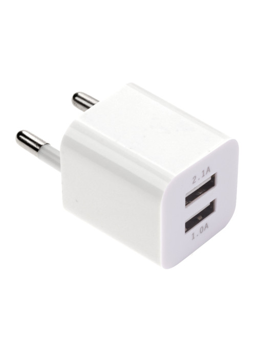 Зарядное устройство сетевое (220В) SONNEN, 2 порта USB, выходной ток 2,1 А, белое, 454797