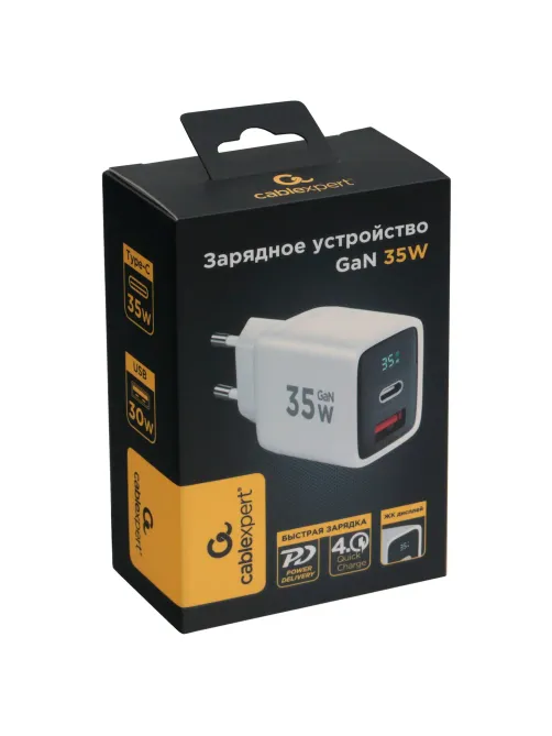 Зарядное устройство сетевое (220В) CABLEXPERT, дисплей, 35 Вт GaN, QC4/PD3, 1хUSB, 1хType-C, MP3A-PC-52