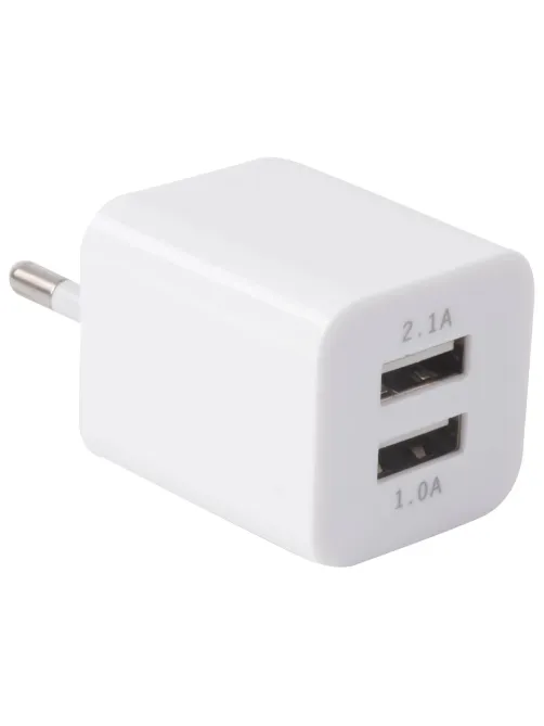 Зарядное устройство сетевое (220В) SONNEN, 2 порта USB, выходной ток 2,1 А, белое, 454797