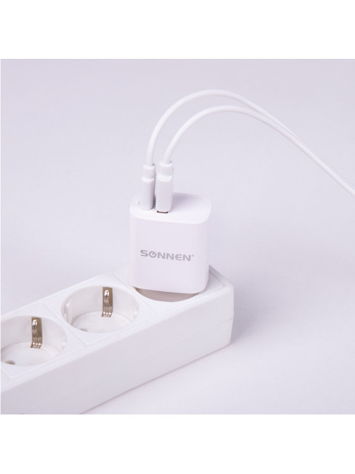 Зарядное устройство быстрое сетевое (220 В) SONNEN, USB QC 3.0 + Type-C PD 20 Вт, 3 А, белое, 455505