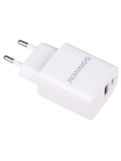 Зарядное устройство быстрое сетевое (220 В) SONNEN, USB QC 3.0 + Type-C PD 20 Вт, 3 А, белое, 455505
