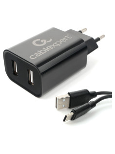 Зарядное устройство CABLEXPERT 12 Вт, 2.4 А, 2 х USB, кабель Type-C, 1 м, черный, коробка-блистер, MP3A-PC-37