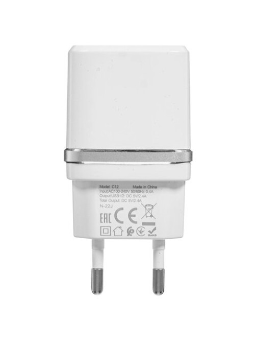 Зарядное устройство сетевое HOCO 12 Вт, 2.4 А, 2 х USB, кабель Type-C, 1 м, белый, УТ000023100