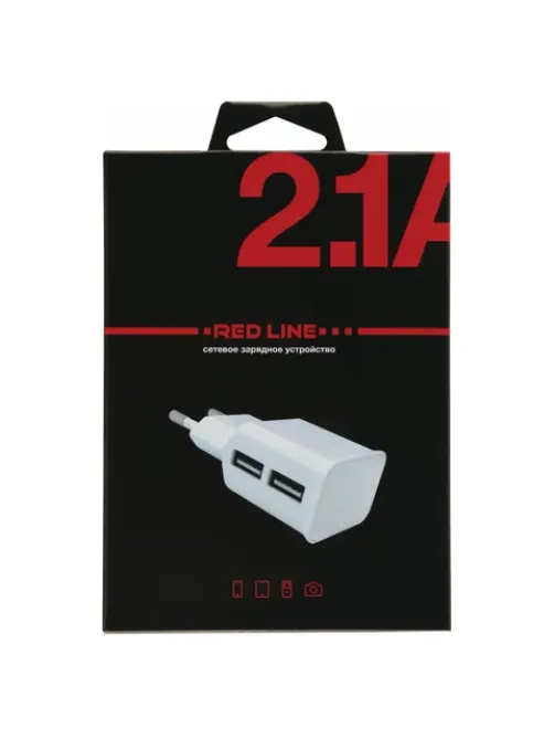 Зарядное устройство сетевое (220 В) RED LINE NT-2A, 2 порта USB, выходной ток 2,1 А, белое, УТ000009405
