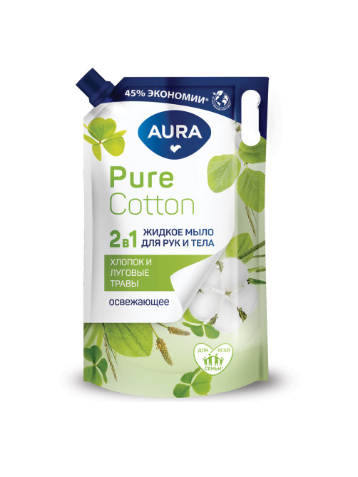 Мыло жидкое 2 в 1 для рук и тела 850 мл, AURA Pure Cotton 
