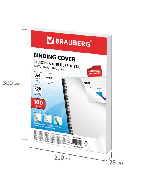 Обложки картонные для переплета, А4, КОМПЛЕКТ 100 шт., глянцевые, 250 г/м2, белые, BRAUBERG, 530840