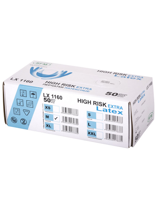 Перчатки латексные смотровые сверхпрочные SFM HIGH RISK LX 1160, Германия, 25 пар (50 штук), размер 7-8, M (средний)
