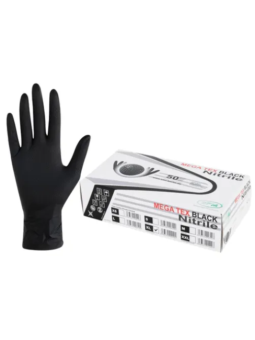 Перчатки нитриловые сверхпрочные с текстурой SFM MEGA TEX BLACK, Германия, 25 пар (50 штук), размер 9-10, XL (очень большой)
