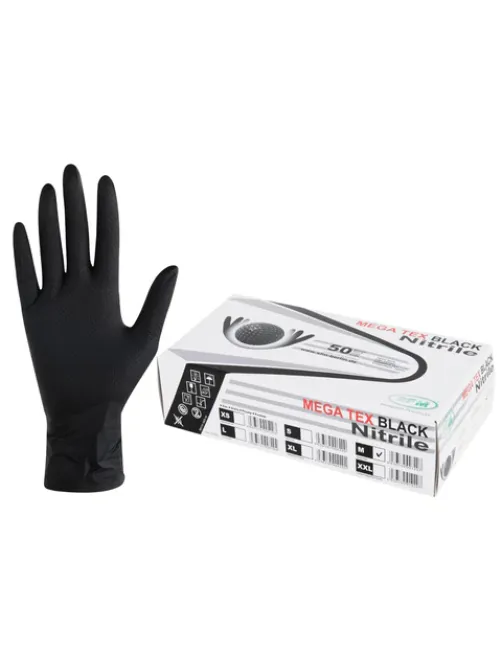 Перчатки нитриловые сверхпрочные с текстурой SFM MEGA TEX BLACK, Германия, 25 пар (50 штук), размер 7-8 (средний)