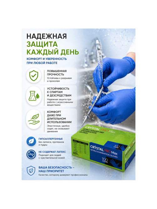 Перчатки нитриловые смотровые сверхпрочные CRYSTAL PRO MAX, 50 пар (100 шт.), размер M (средний), синие, CRYMAX-02
