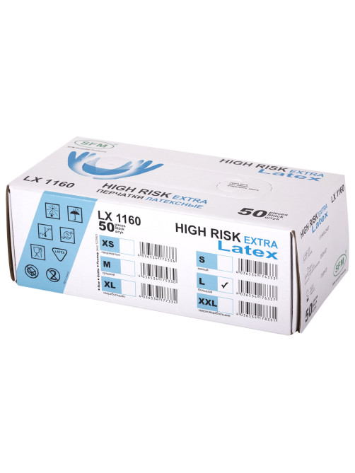 Перчатки латексные смотровые сверхпрочные SFM HIGH RISK LX 1160, Германия, 25 пар (50 штук), размер 8-9, L (большой)