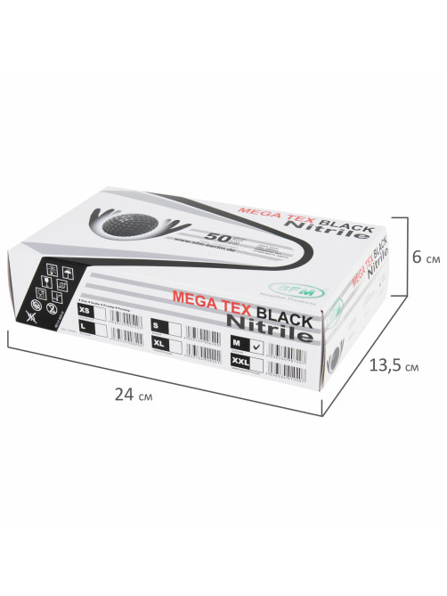 Перчатки нитриловые сверхпрочные с текстурой SFM MEGA TEX BLACK, Германия, 25 пар (50 штук), размер 7-8 (средний)