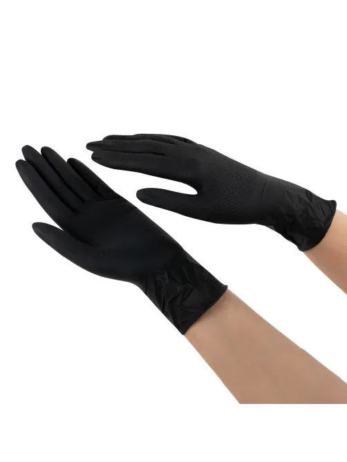 Перчатки нитриловые сверхпрочные с текстурой SFM MEGA TEX BLACK, Германия, 25 пар (50 штук), размер 8-9 (большой)