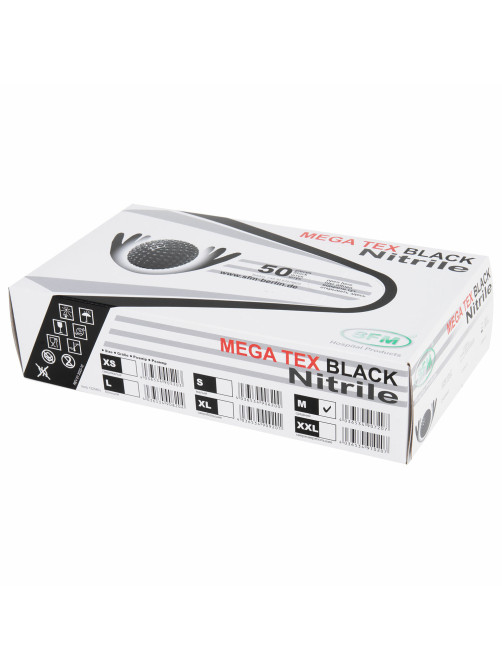 Перчатки нитриловые сверхпрочные с текстурой SFM MEGA TEX BLACK, Германия, 25 пар (50 штук), размер 7-8 (средний)