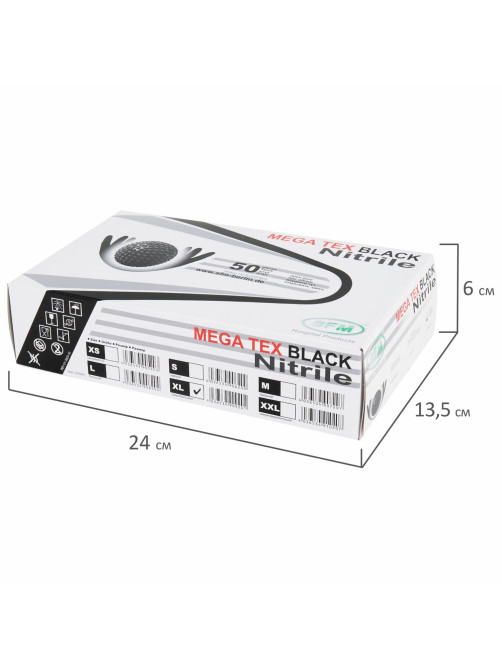 Перчатки нитриловые сверхпрочные с текстурой SFM MEGA TEX BLACK, Германия, 25 пар (50 штук), размер 9-10, XL (очень большой)