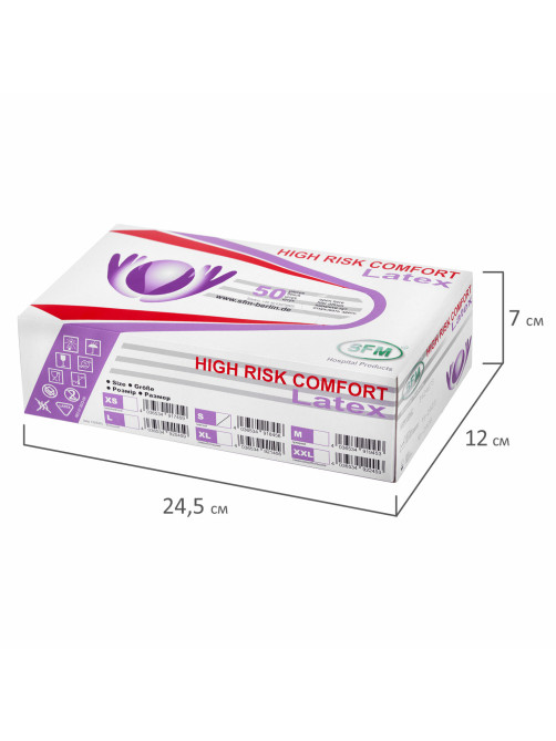 Перчатки латексные смотровые особо прочные SFM HIGH RISK COMFORT, Германия, 25 пар (50 штук), размер 6-7, S (малый)