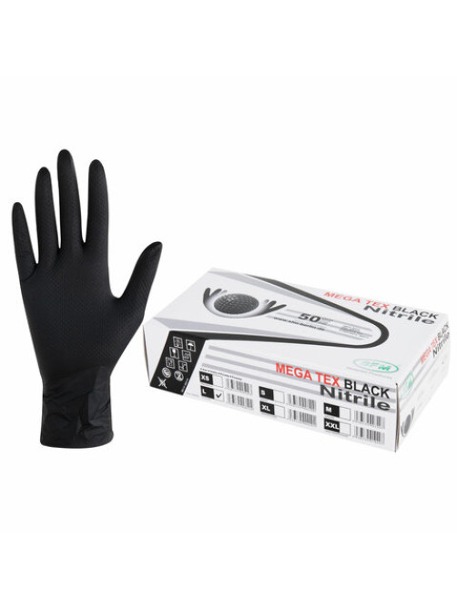 Перчатки нитриловые сверхпрочные с текстурой SFM MEGA TEX BLACK, Германия, 25 пар (50 штук), размер 8-9 (большой)