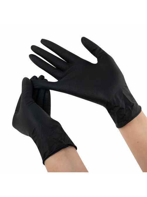 Перчатки нитриловые сверхпрочные с текстурой SFM MEGA TEX BLACK, Германия, 25 пар (50 штук), размер 6-7, S (малый)