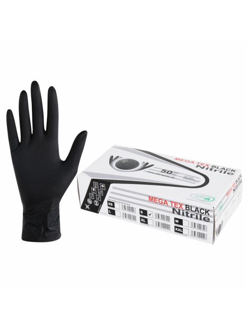 Перчатки нитриловые сверхпрочные с текстурой SFM MEGA TEX BLACK, Германия, 25 пар (50 штук), размер 6-7, S (малый)