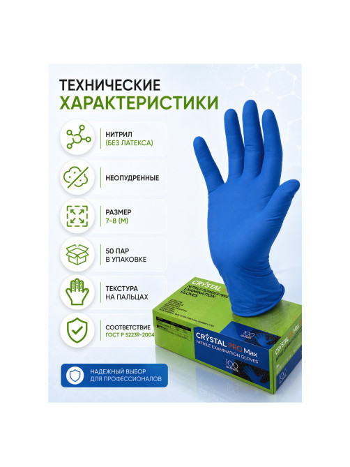Перчатки нитриловые смотровые сверхпрочные CRYSTAL PRO MAX, 50 пар (100 шт.), размер M (средний), синие, CRYMAX-02