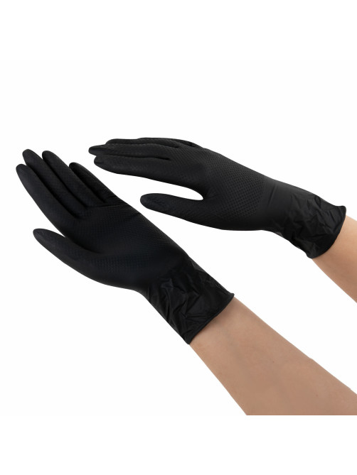 Перчатки нитриловые сверхпрочные с текстурой SFM MEGA TEX BLACK, Германия, 25 пар (50 штук), размер 6-7, S (малый)