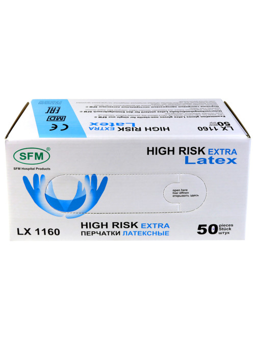 Перчатки латексные смотровые сверхпрочные SFM HIGH RISK LX 1160, Германия, 25 пар (50 штук), размер 9-10, XL (очень большой)