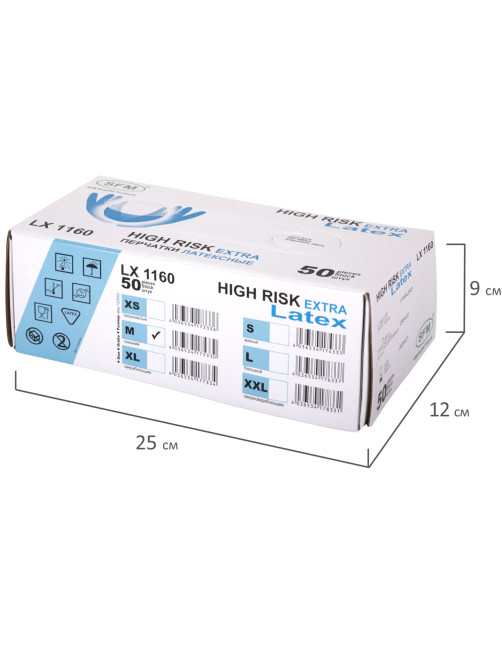 Перчатки латексные смотровые сверхпрочные SFM HIGH RISK LX 1160, Германия, 25 пар (50 штук), размер 7-8, M (средний)