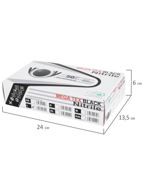 Перчатки нитриловые сверхпрочные с текстурой SFM MEGA TEX BLACK, Германия, 25 пар (50 штук), размер 8-9 (большой)