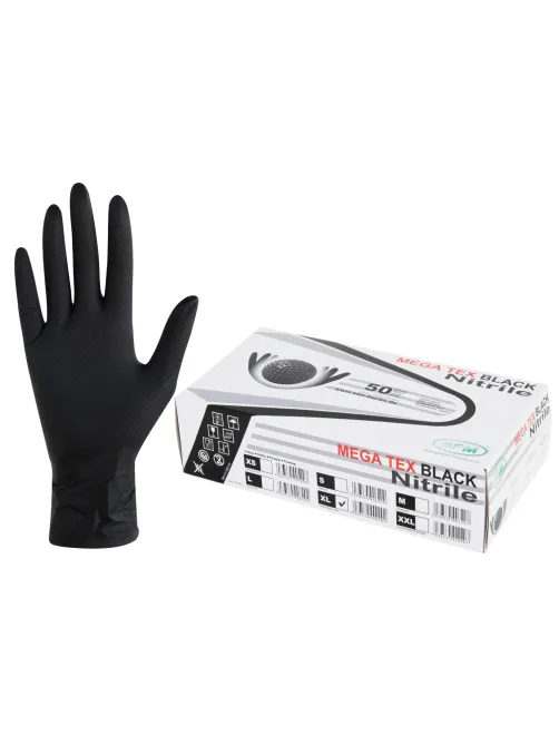 Перчатки нитриловые сверхпрочные с текстурой SFM MEGA TEX BLACK, Германия, 25 пар (50 штук), размер 9-10, XL (очень большой)