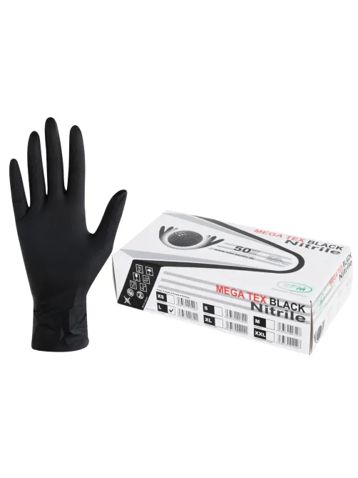Перчатки нитриловые сверхпрочные с текстурой SFM MEGA TEX BLACK, Германия, 25 пар (50 штук), размер 8-9 (большой)