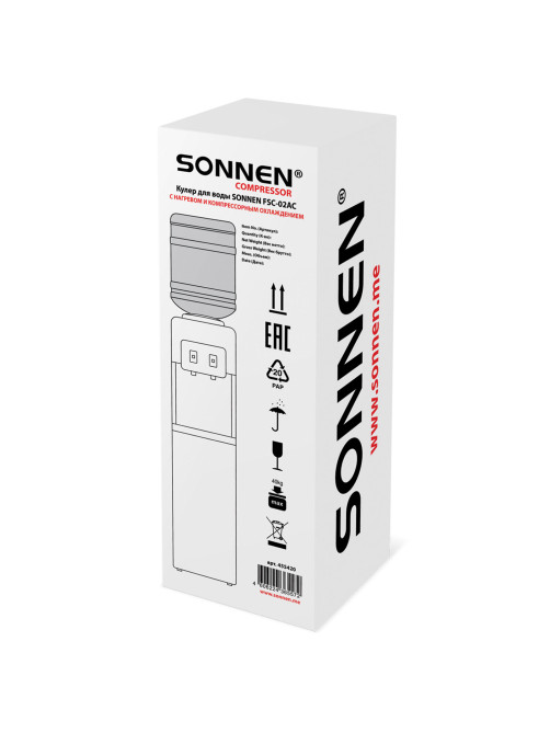 Кулер для воды SONNEN FSC-02AC, напольный, НАГРЕВ/ОХЛАЖДЕНИЕ КОМПРЕССОР, шкаф, 2 крана, белый, 455420
