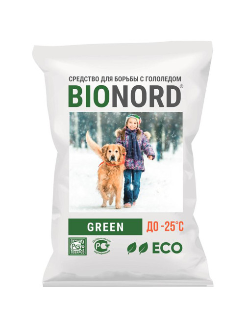 Реагент антигололедный 23 кг BIONORD Green, до -25 °С, хлорид натрия и кальция, МИНПРОМТОРГ