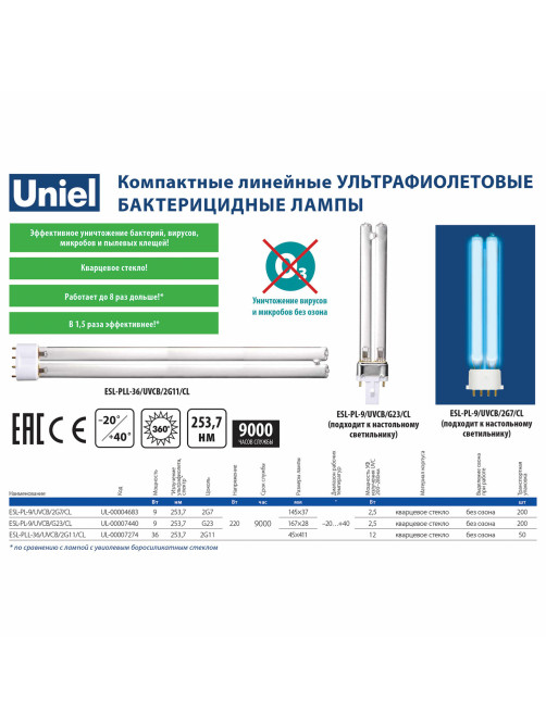 Лампа БАКТЕРИЦИДНАЯ ультрафиолетовая UNIEL ESL-PL-9/UVCB, 9 Вт, 2G7