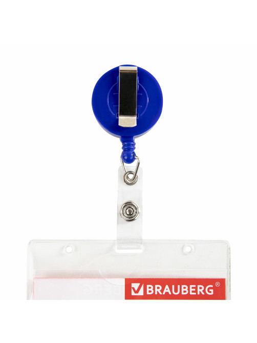 Бейдж горизонтальный (60х90 мм), с держателем-рулеткой 70 см, синий, BRAUBERG, 238242