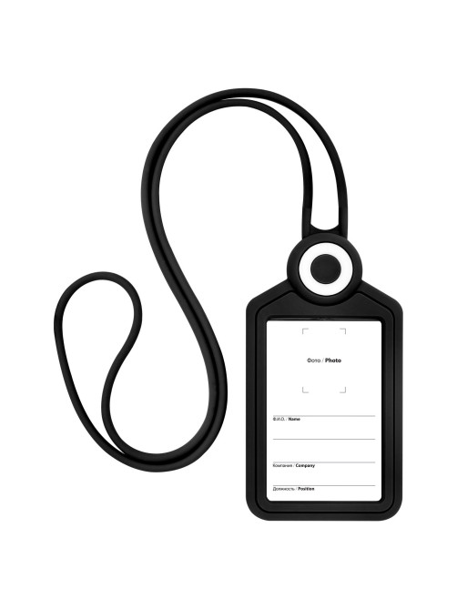 Бейдж вертикальный для пропуска и ID-карт, СИЛИКОНОВЫЙ, 85х54 мм, шнурок 42 см, черный, BRAUBERG, 238904
