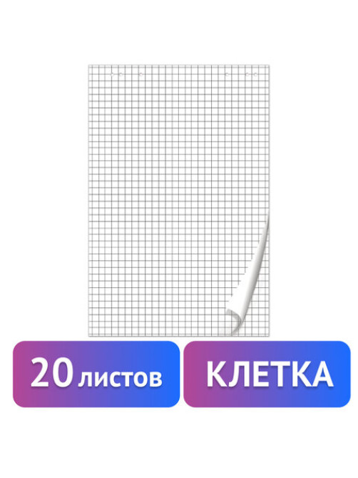 Блокнот для флипчарта ПЛОТНЫЙ 80 г/м2, BRAUBERG, 67,5х98 см, 20 листов, белый (КЛЕТКА), 128645